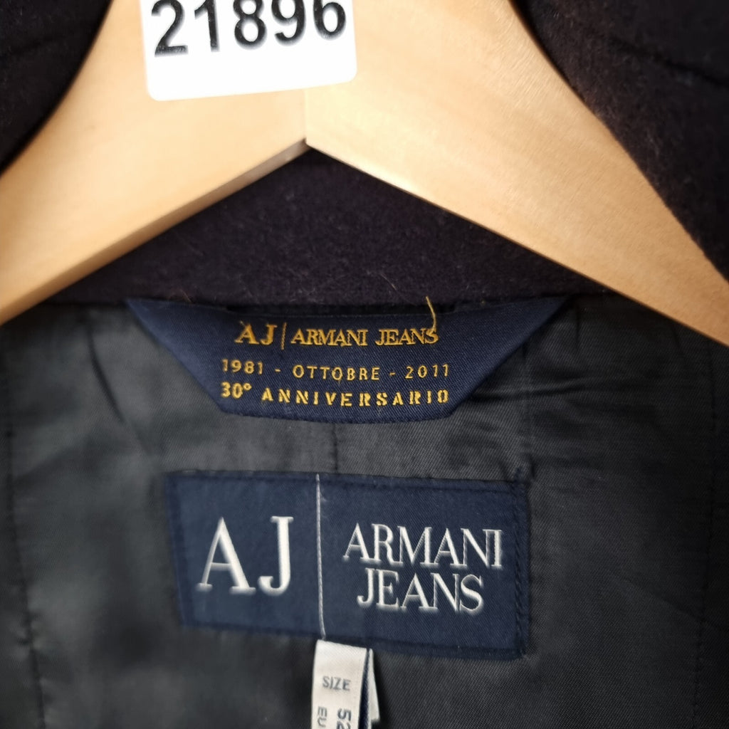 ARMANI JEANS Coat Mens L Large Navy Blue Wool Overcoat Peacoat 30th Anniversary