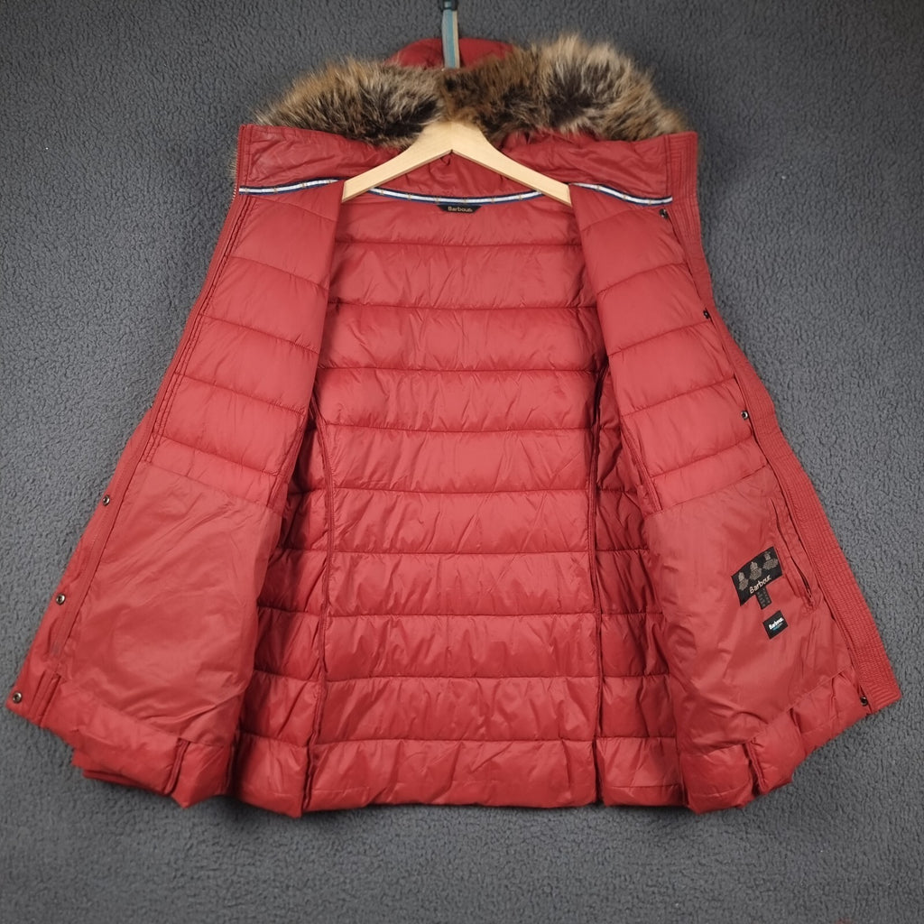 BARBOUR Jacket Womens UK 18 Red Housesteads Quilt Fibre Down Parka Puffer Fur