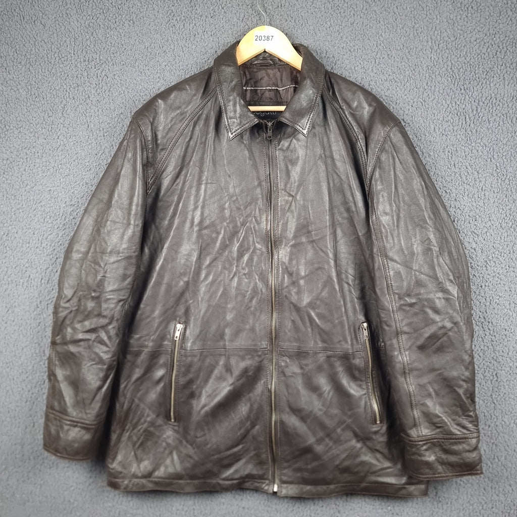 BUGATTI Leather Jacket Mens 2XL 48 Brown Nappa Soft Collared Coat Lined Full Zip