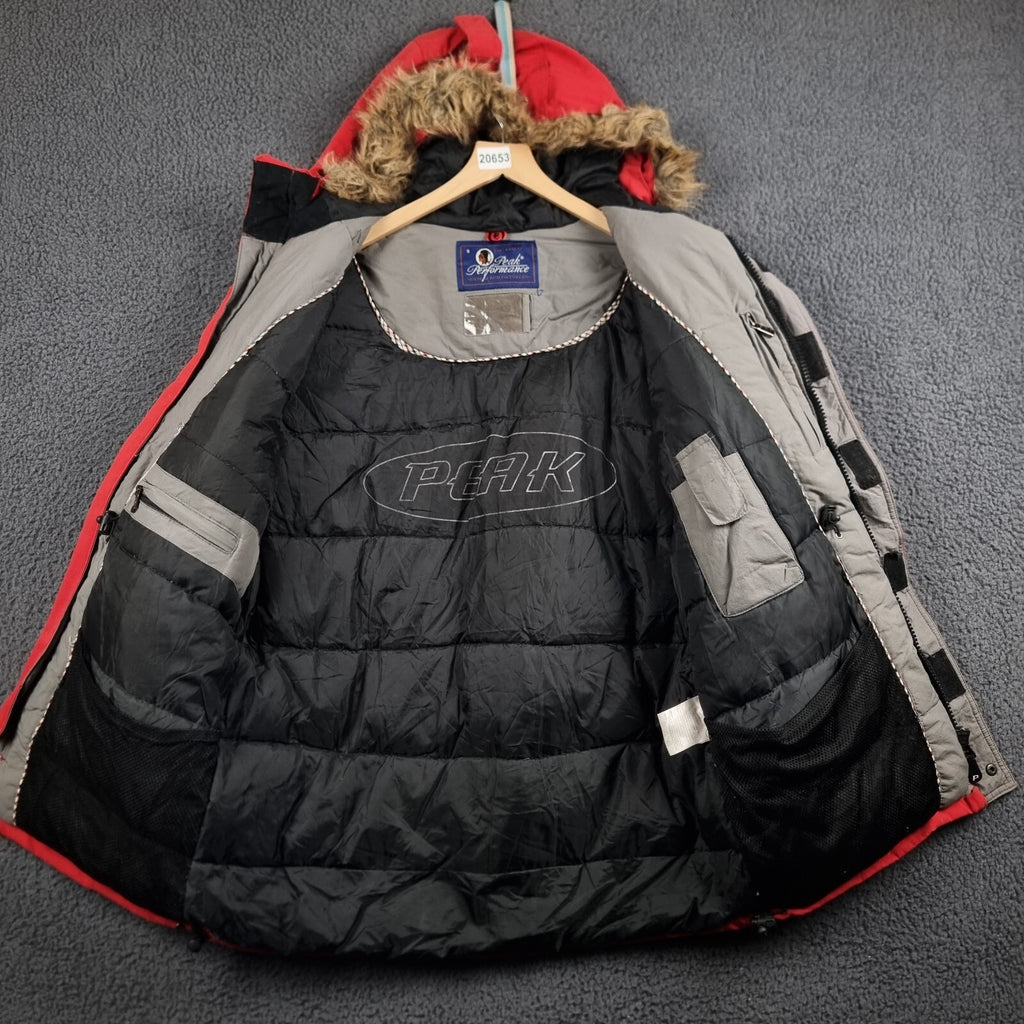 PEAK PERFORMANCE Jacket Mens S Small Red Goretex Goose DOWN Fill Parka Rain Coat