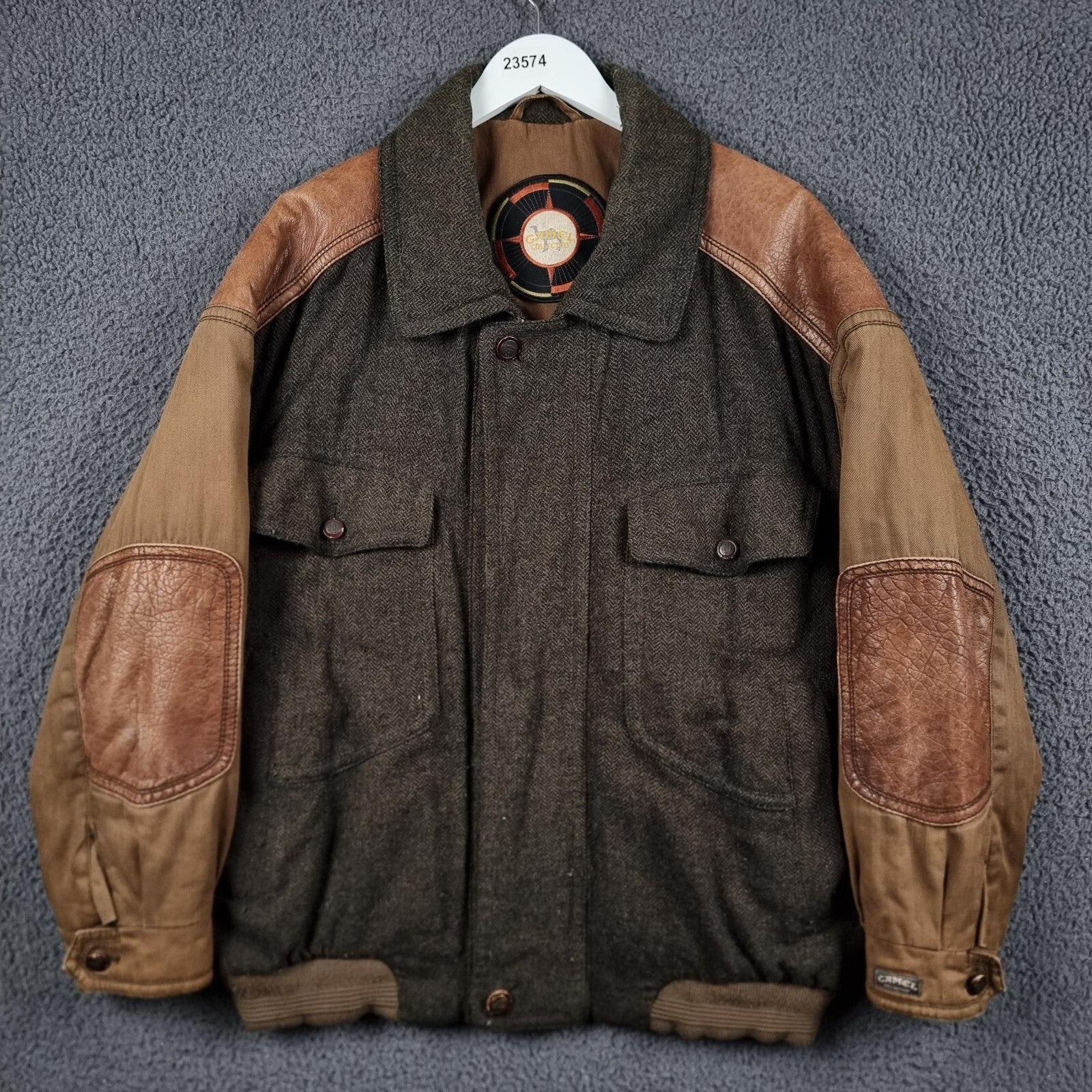 Vintage CAMEL COLLECTION Jacket Mens 3XL Tweed Wool & Leather Field Coat 80s