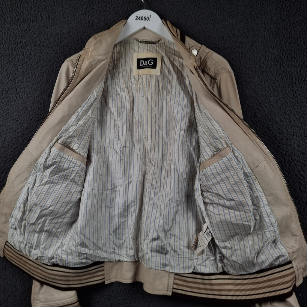 DOLCE & GABBANA Leather Jacket Mens L Large 42 Beige Cream Soft Lambskin Slim
