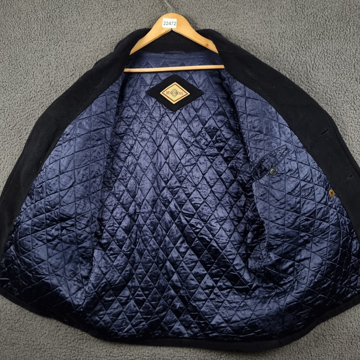 Vintage HUGO BOSS Pea Coat Mens L Large Navy Blue 100% Wool Double Breasted 80s