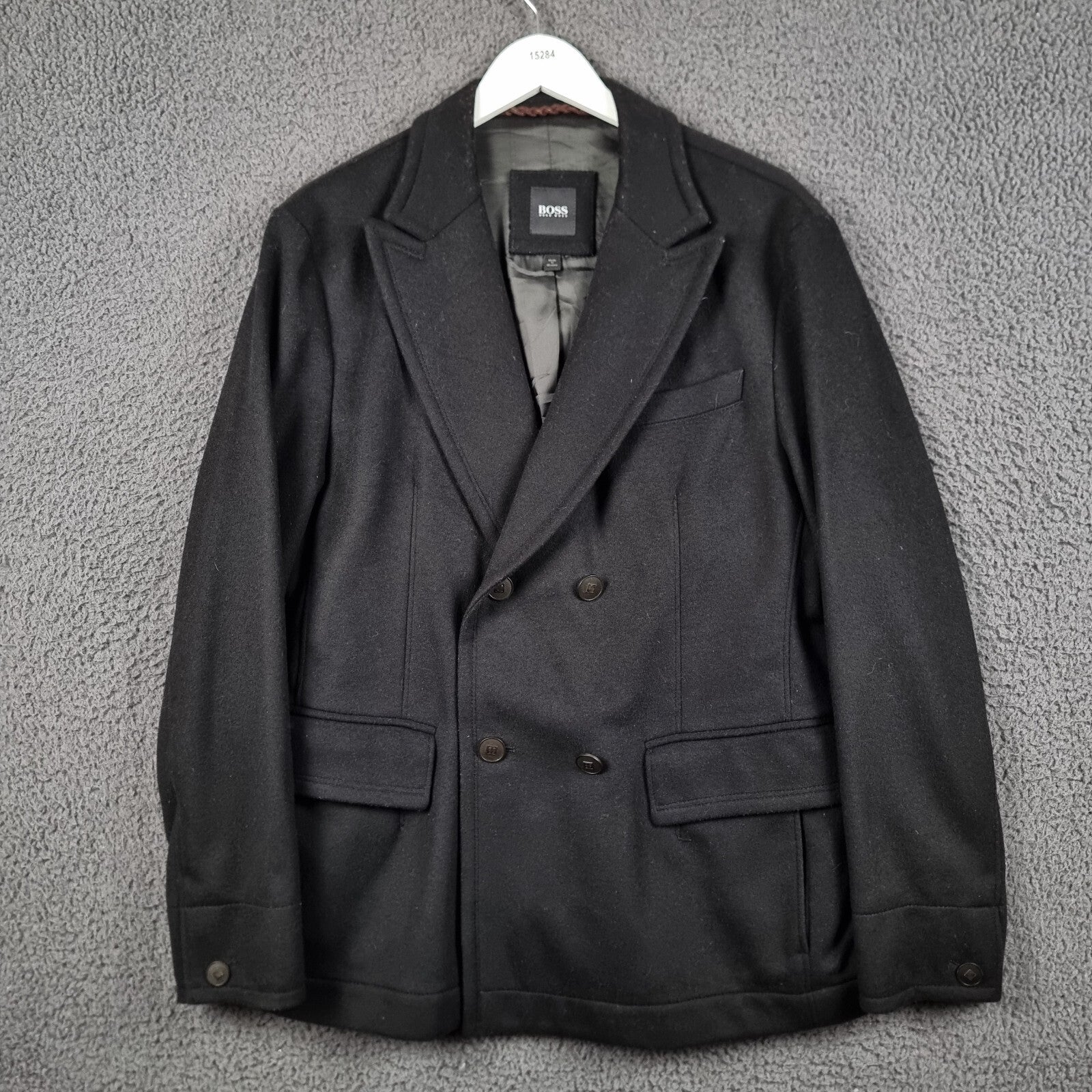 Hugo Boss Pea Coat Mens 40R M Medium Black Wool & Cashmere Double Breasted Jacket