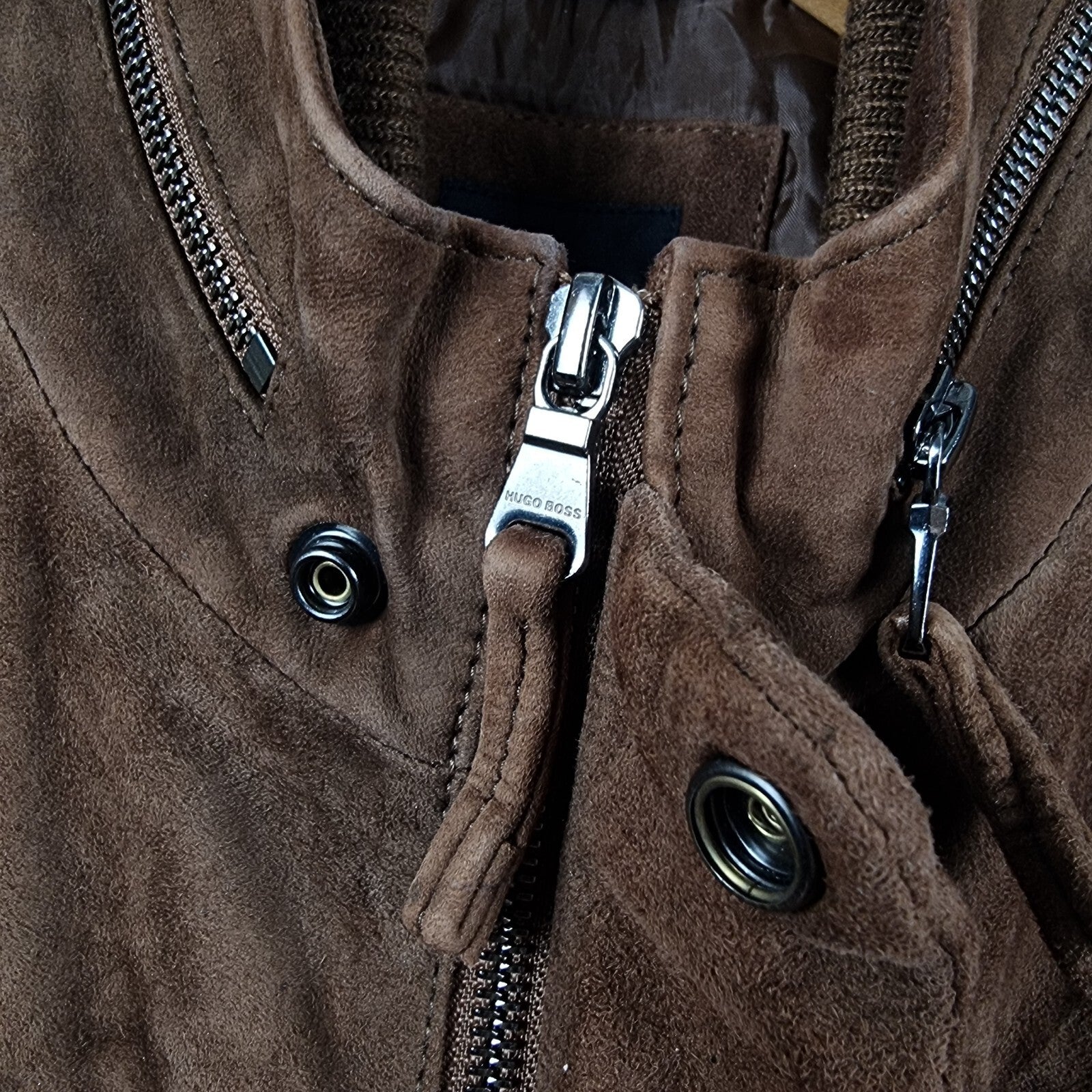 HUGO BOSS Leather Jacket Mens 38R M Medium Brown Goat Suede Military Biker Zip