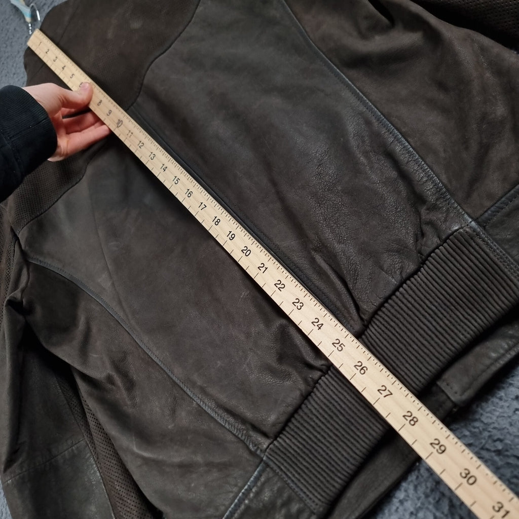 HUGO BOSS Leather Jacket Mens L Large 40R Brown Buffalo Skin Bomber Biker