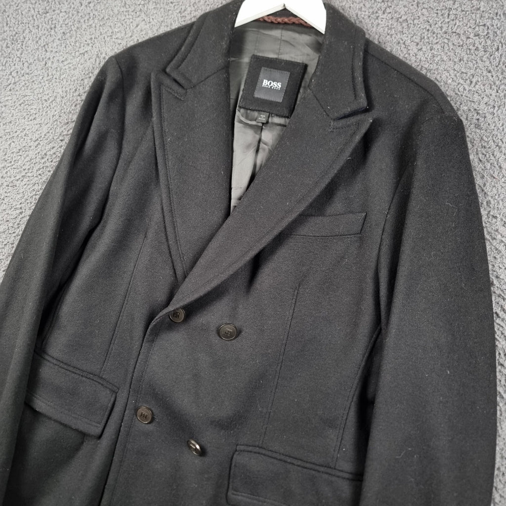Hugo Boss Pea Coat Mens 40R M Medium Black Wool & Cashmere Double Breasted Jacket