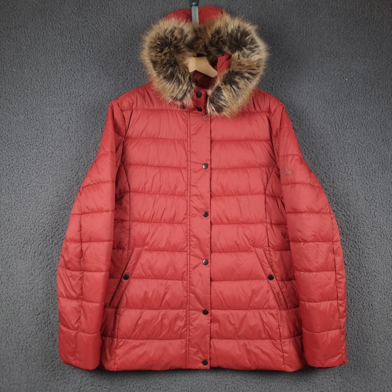 BARBOUR Jacket Womens UK 18 Red Housesteads Quilt Fibre Down Parka Puffer Fur
