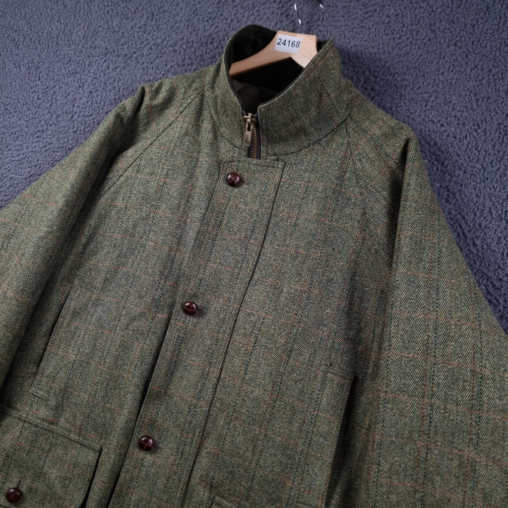 JOHN BROCKLEHURST Jacket Mens L Large Green Check Tweed 100% Wool Shooting Coat