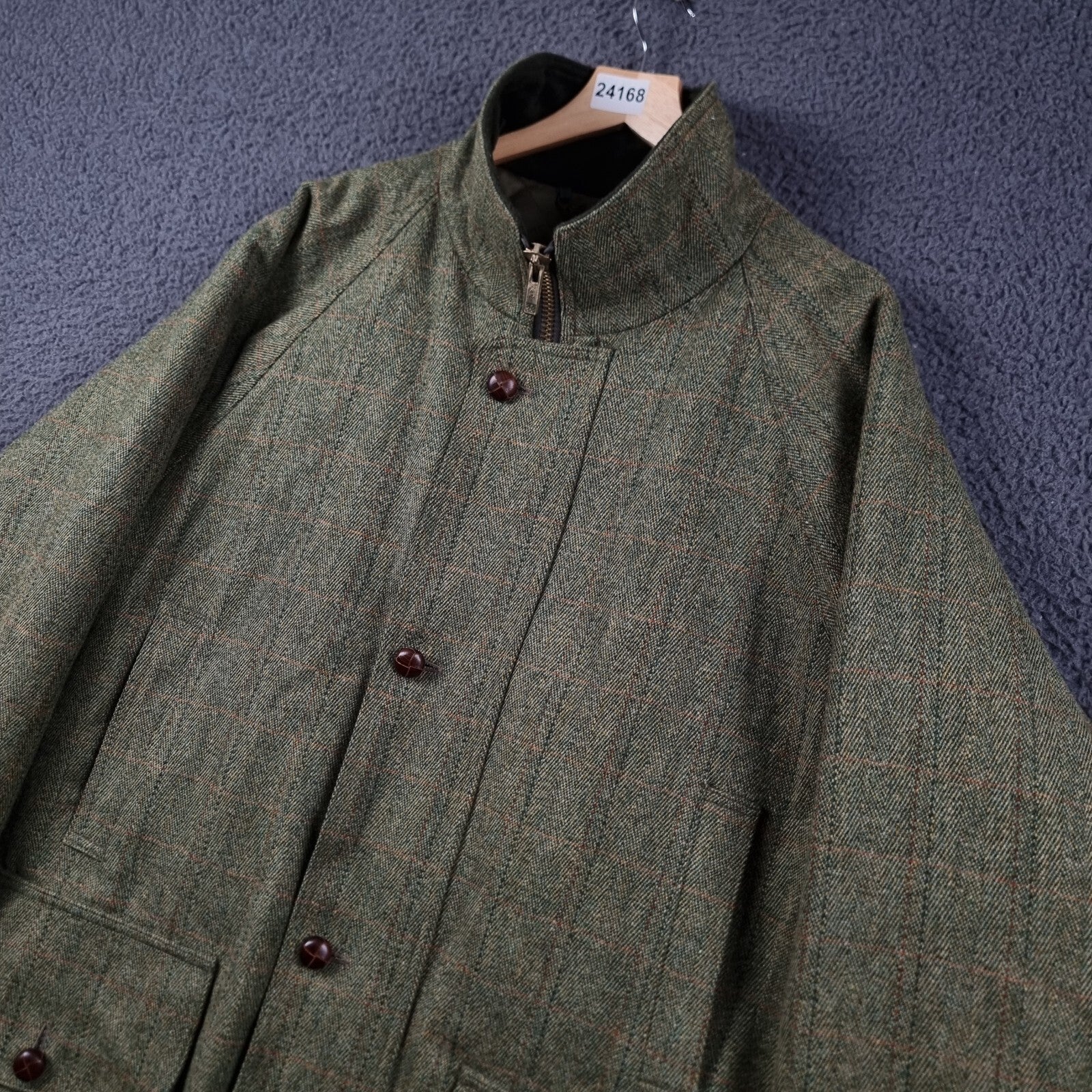 JOHN BROCKLEHURST Jacket Mens L Large Green Check Tweed 100% Wool Shooting Coat