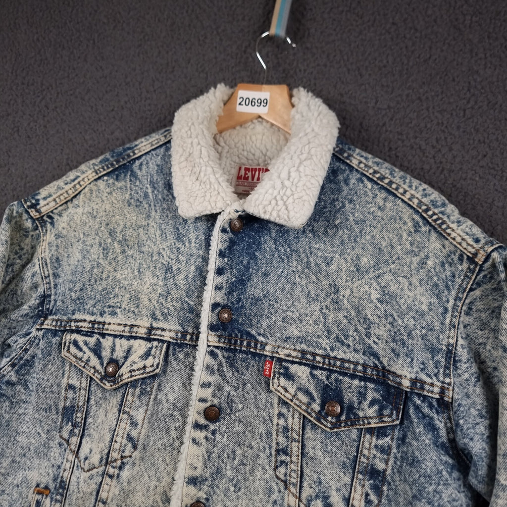 Vintage Levi's Sherpa Jacket Mens M Blue Trucker Acid Wash USA Made 80s Snap