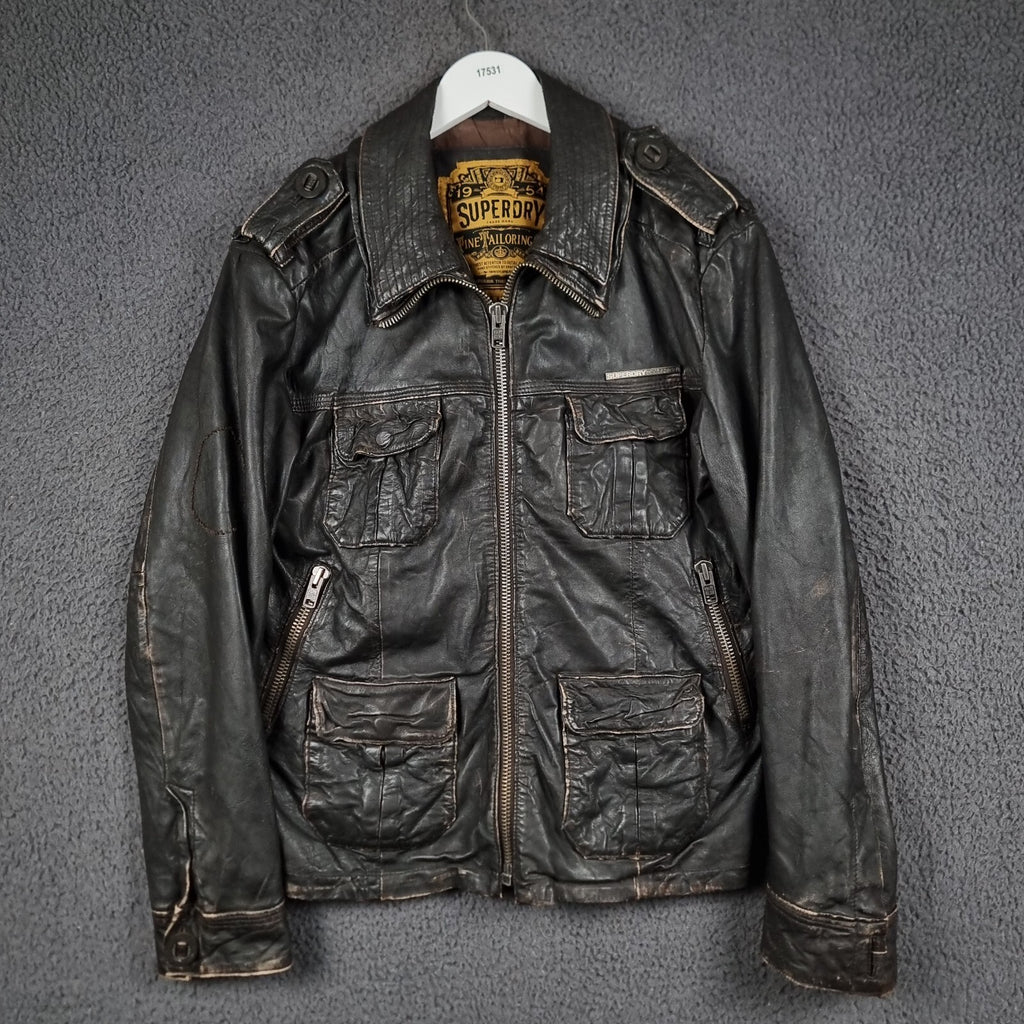 SUPERDRY Leather Jacket Mens L Large Brown Brad Distressed Biker Motorcycle