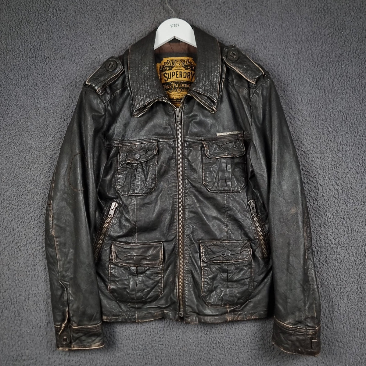 SUPERDRY Leather Jacket Mens L Large Brown Brad Distressed Biker Motorcycle