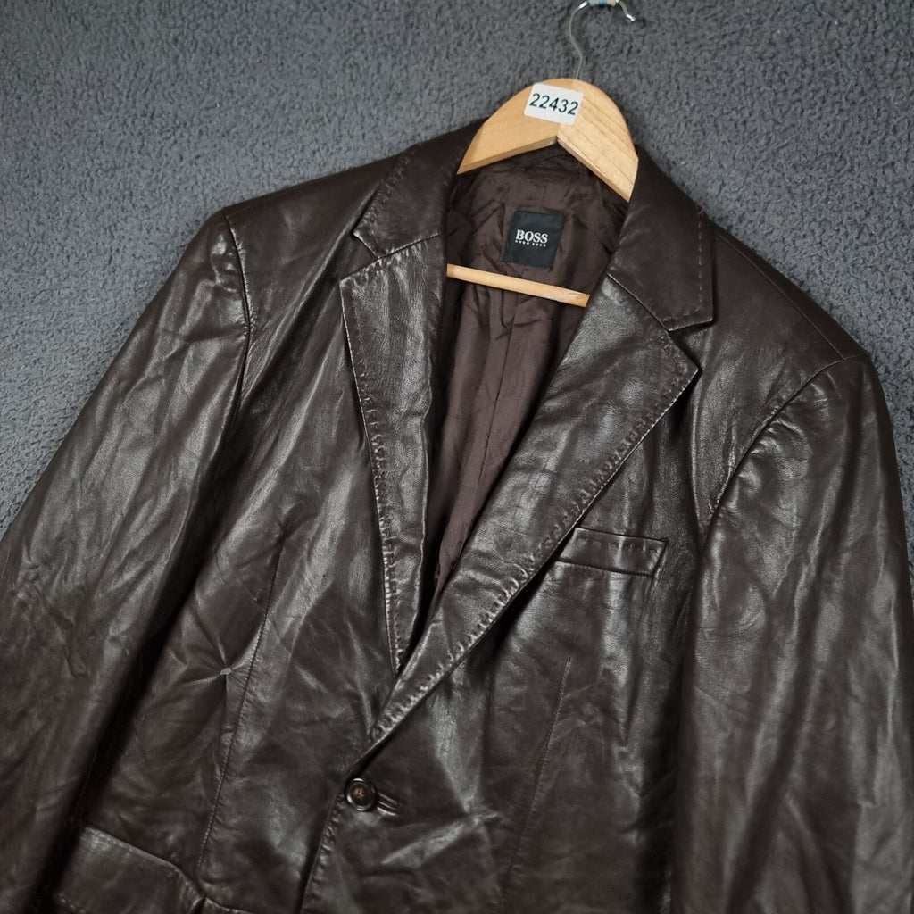 Vintage HUGO BOSS Leather Jacket Men L Large 42 Brown Blazer Soft Lambskin Nappa