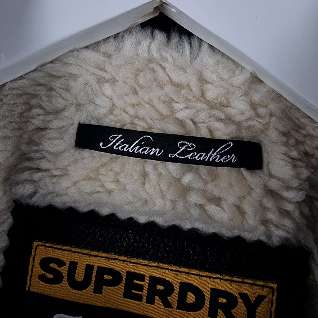 SUPERDRY Leather Jacket Mens L Large Black Biker Bomber Sherpa Lined Super Speed