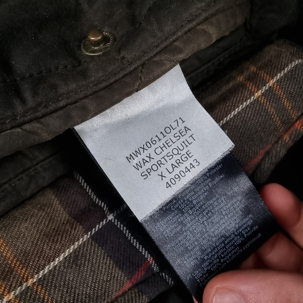 BARBOUR Jacket Mens XL Olive Wax Chelsea Sportsquilt Waxed Quilted