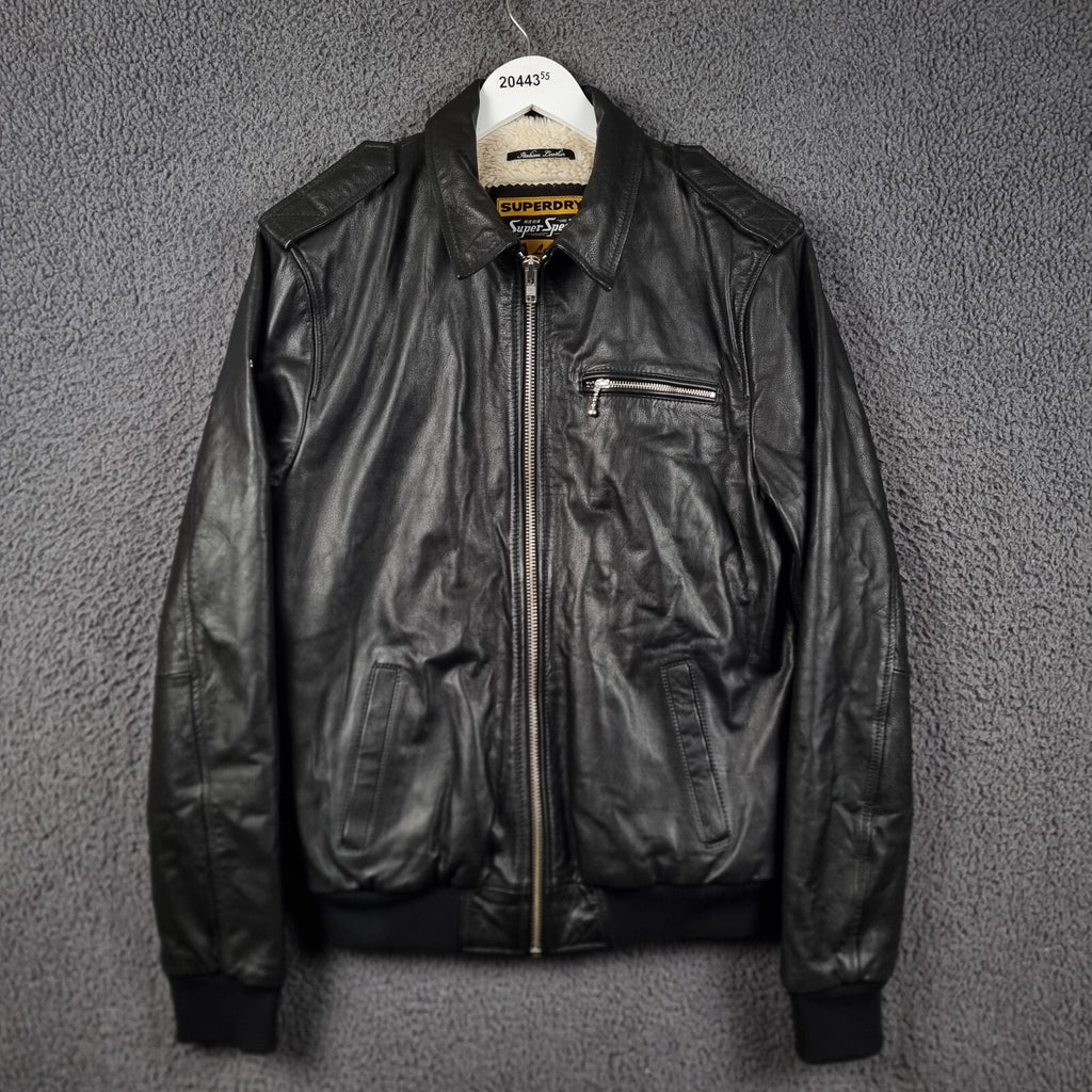 SUPERDRY Leather Jacket Mens L Large Black Biker Bomber Sherpa Lined Super Speed