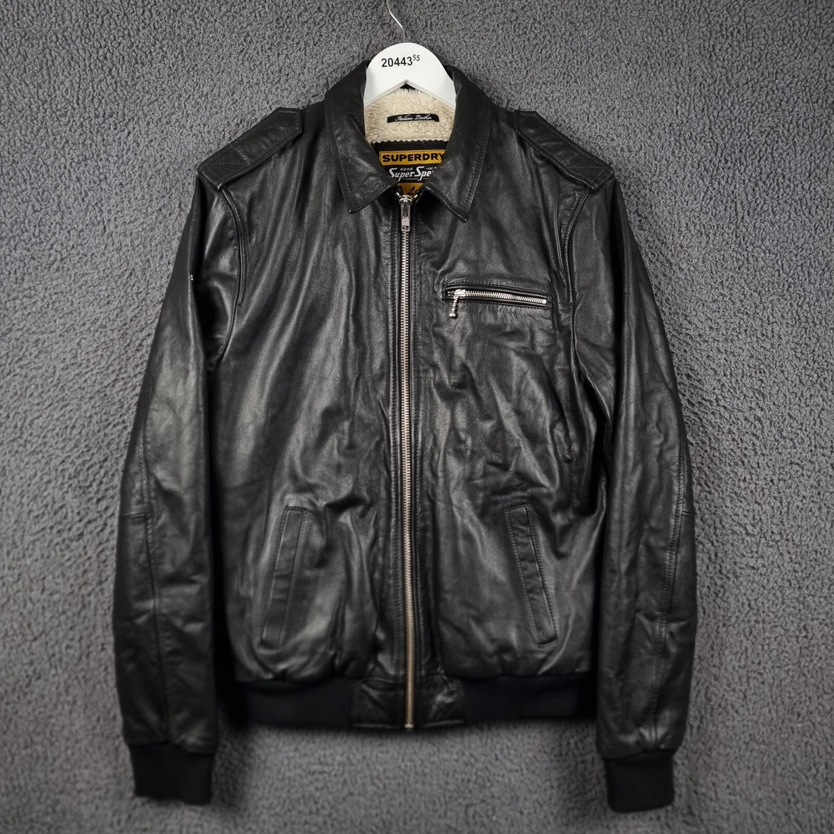 SUPERDRY Leather Jacket Mens L Large Black Biker Bomber Sherpa Lined Super Speed