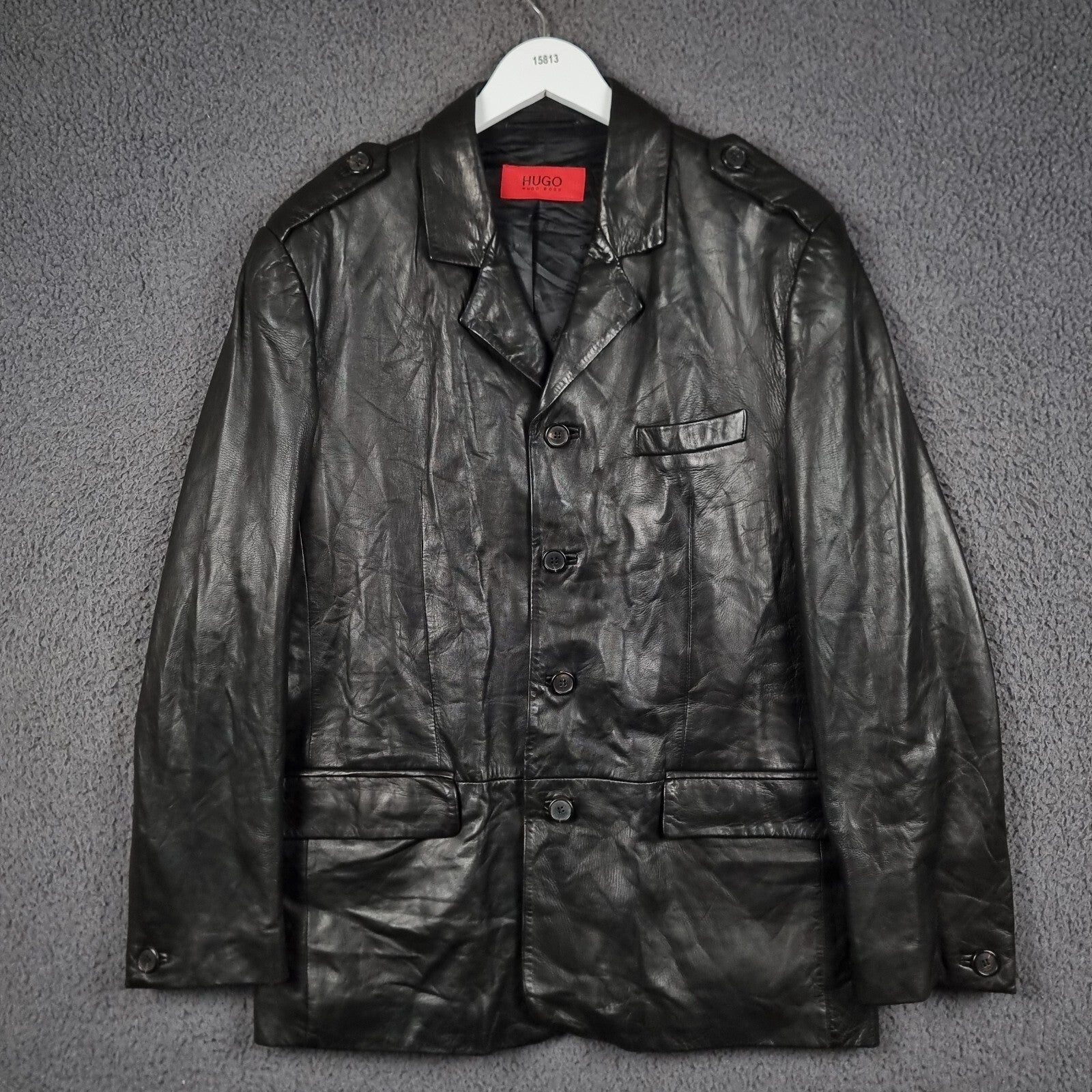 Vintage HUGO BOSS Leather Jacket Men L Large 42 Black Blazer Soft Lambskin Nappa