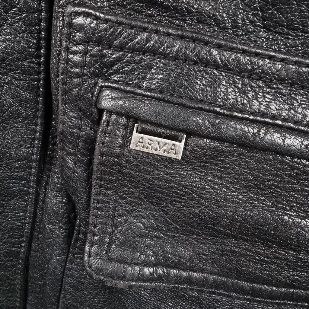 Vintage ARMA Leather Jacket Mens L Large 40 Black Long Overcoat Coat Lined 90s