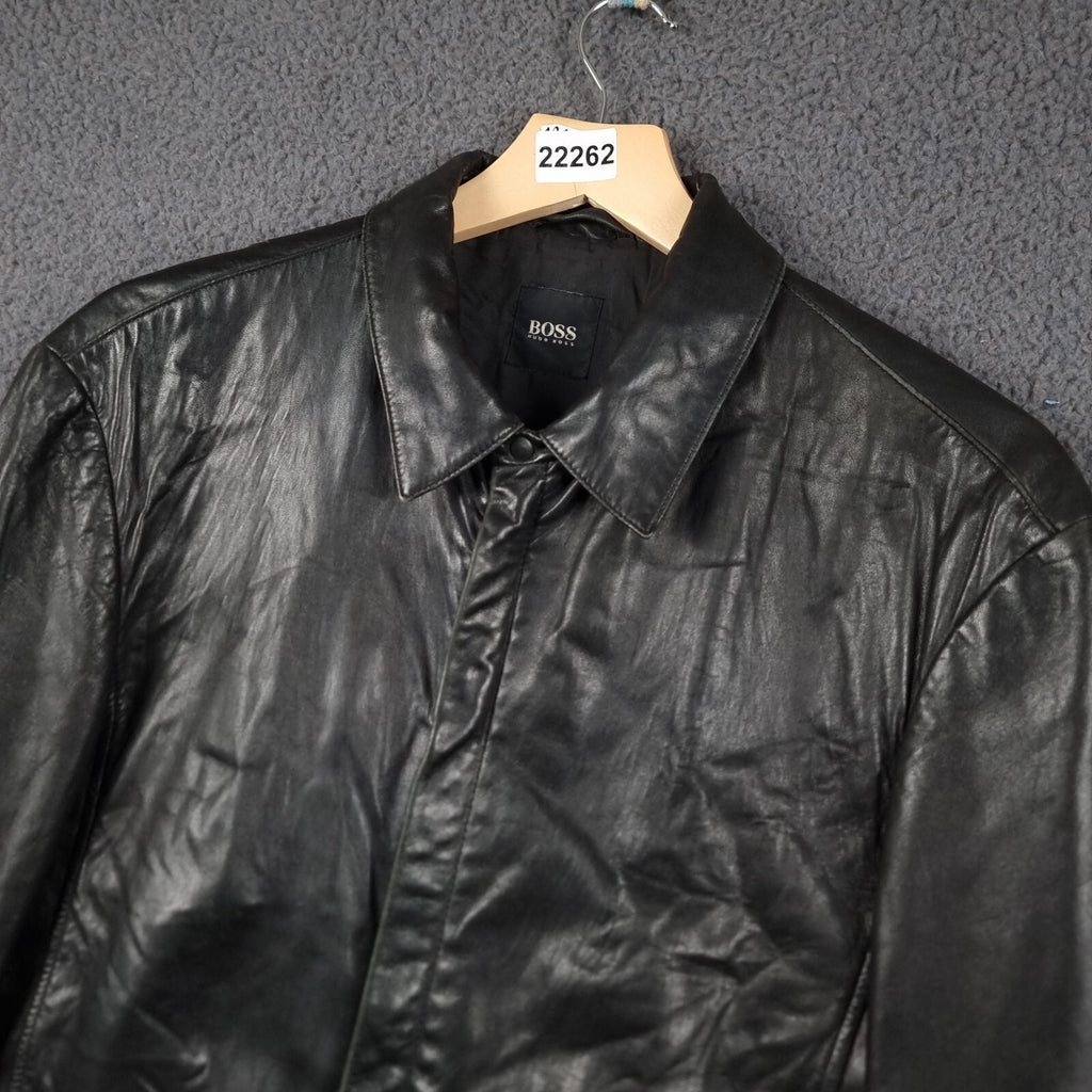 Vintage HUGO BOSS Leather Jacket Mens L Large 40 Black Soft Lambskin Nappa 90s