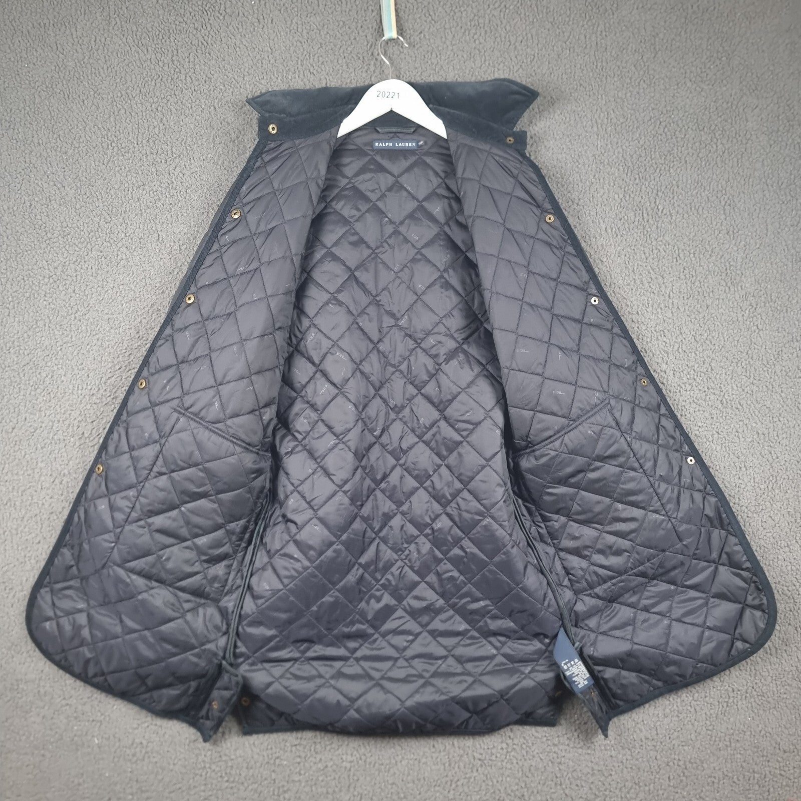 Vintage RALPH LAUREN Jacket Womens S Small Navy Long Quilted Coat Collared 90s