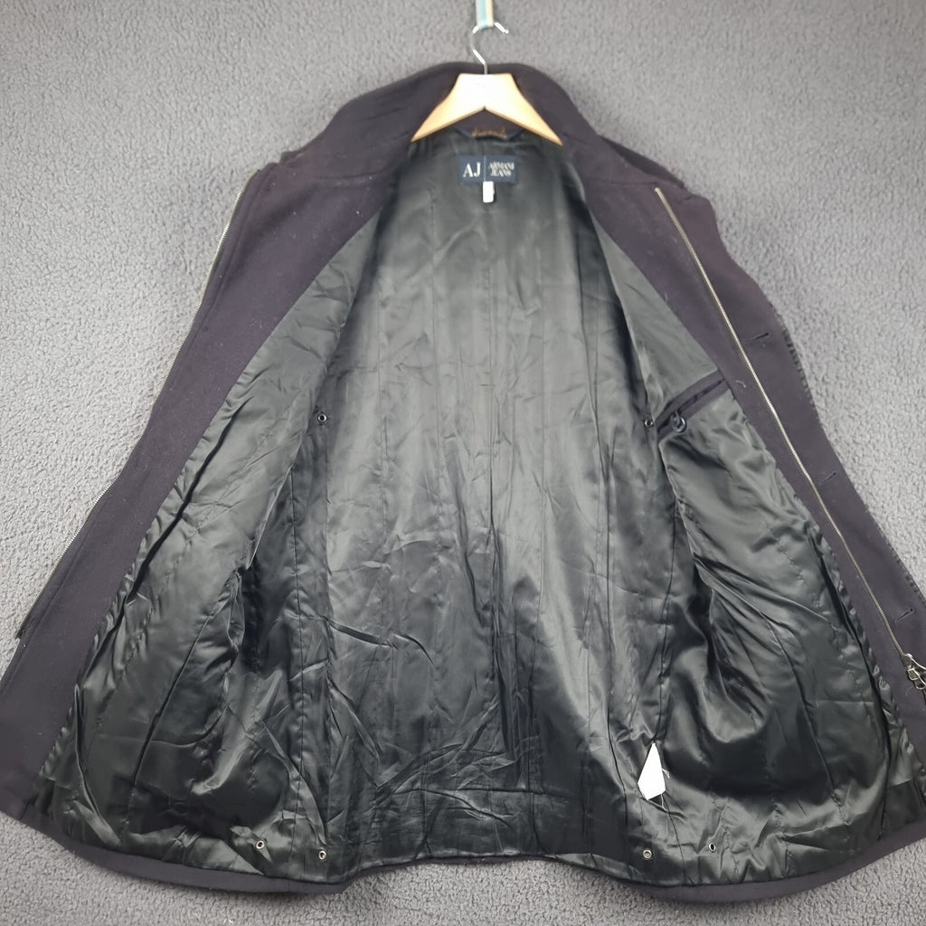 ARMANI JEANS Coat Mens L Large Navy Blue Wool Overcoat Peacoat 30th Anniversary