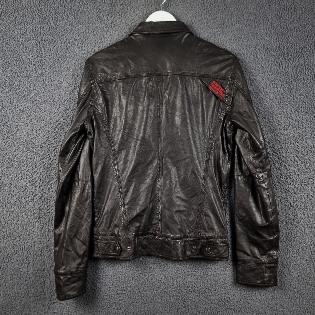SUPERDRY Leather Jacket Mens S Small Brown Racer Biker Bomber Zip Speed Sport