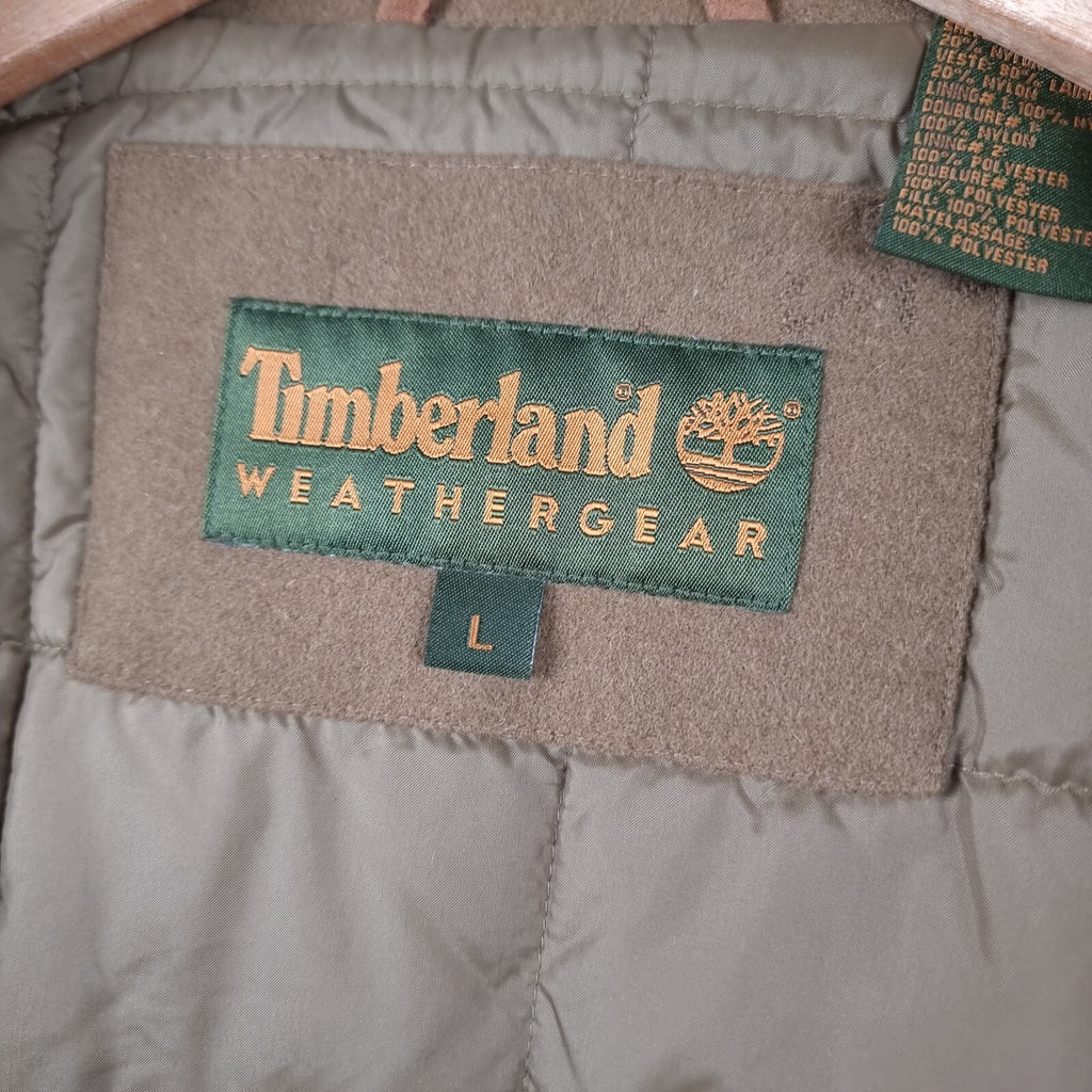 Vintage Timberland Jacket Mens L Brown Wool Coat Overcoat Insulated Collared 2002 Y2K