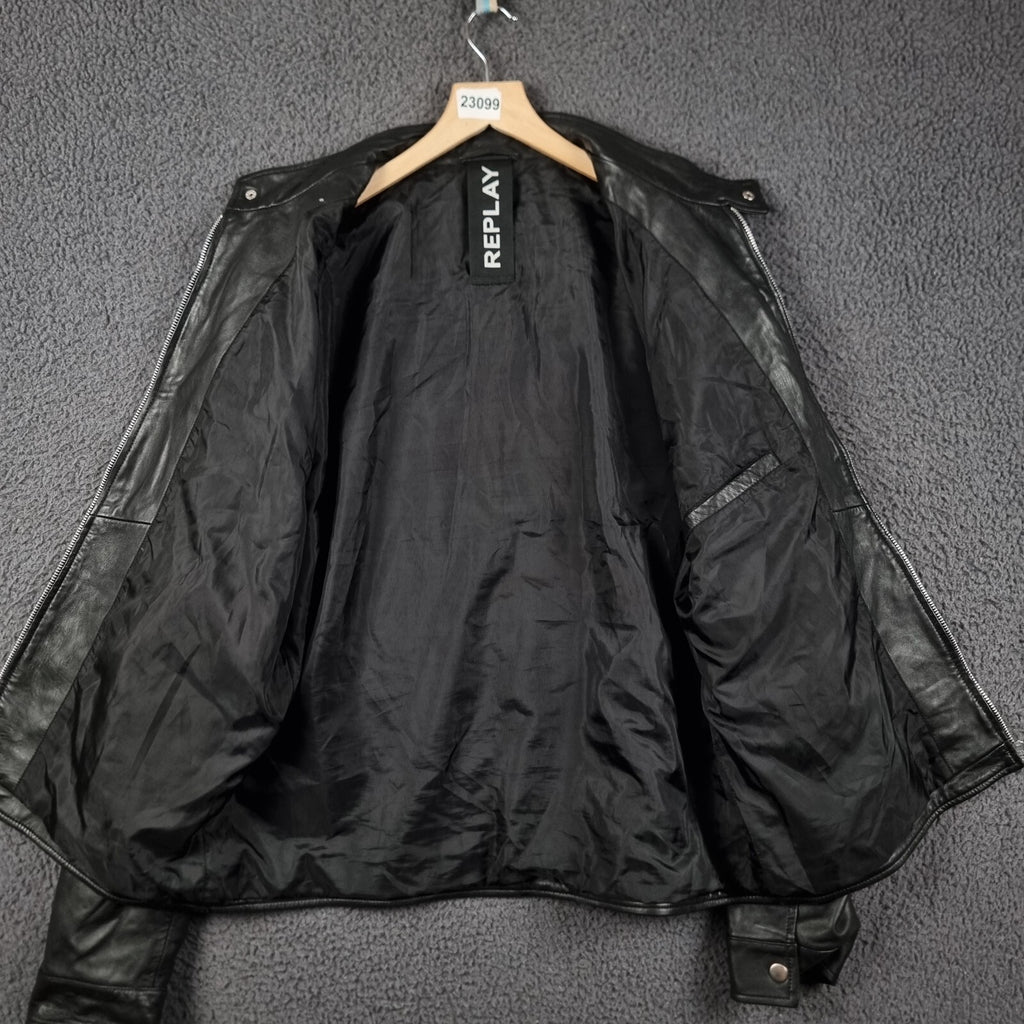 REPLAY Leather Jacket Mens XL Black Biker Racer Soft Sheep Lambskin Full Zip