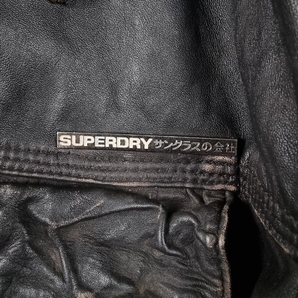 SUPERDRY Leather Jacket Mens L Large Brown Brad Distressed Biker Motorcycle