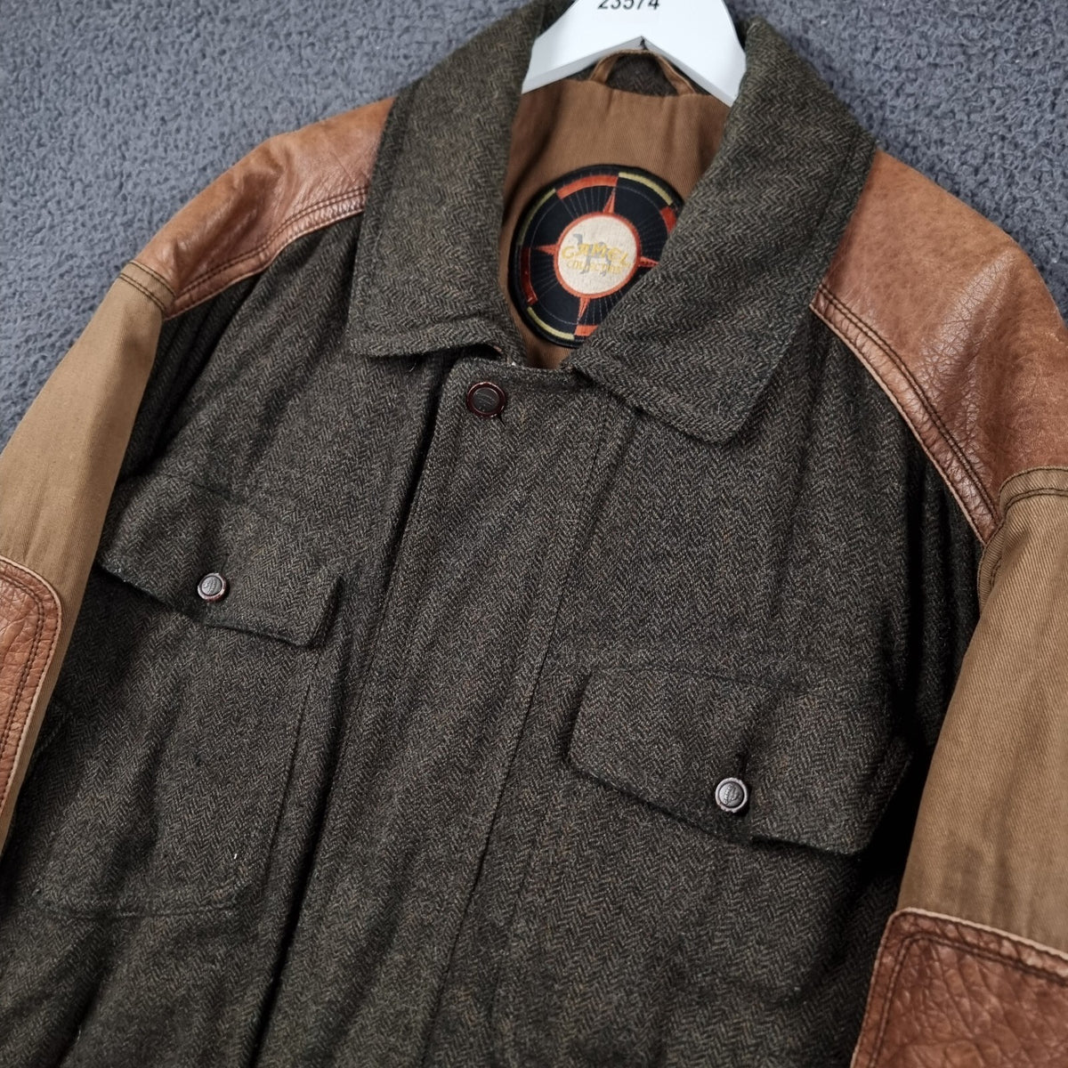 Vintage CAMEL COLLECTION Jacket Mens 3XL Tweed Wool & Leather Field Coat 80s