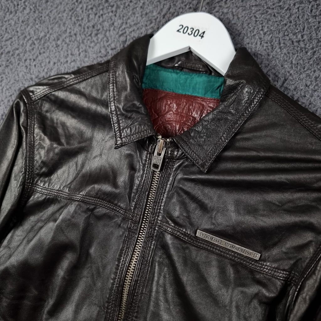 SUPERDRY Leather Jacket Mens S Small Brown Racer Biker Bomber Zip Speed Sport