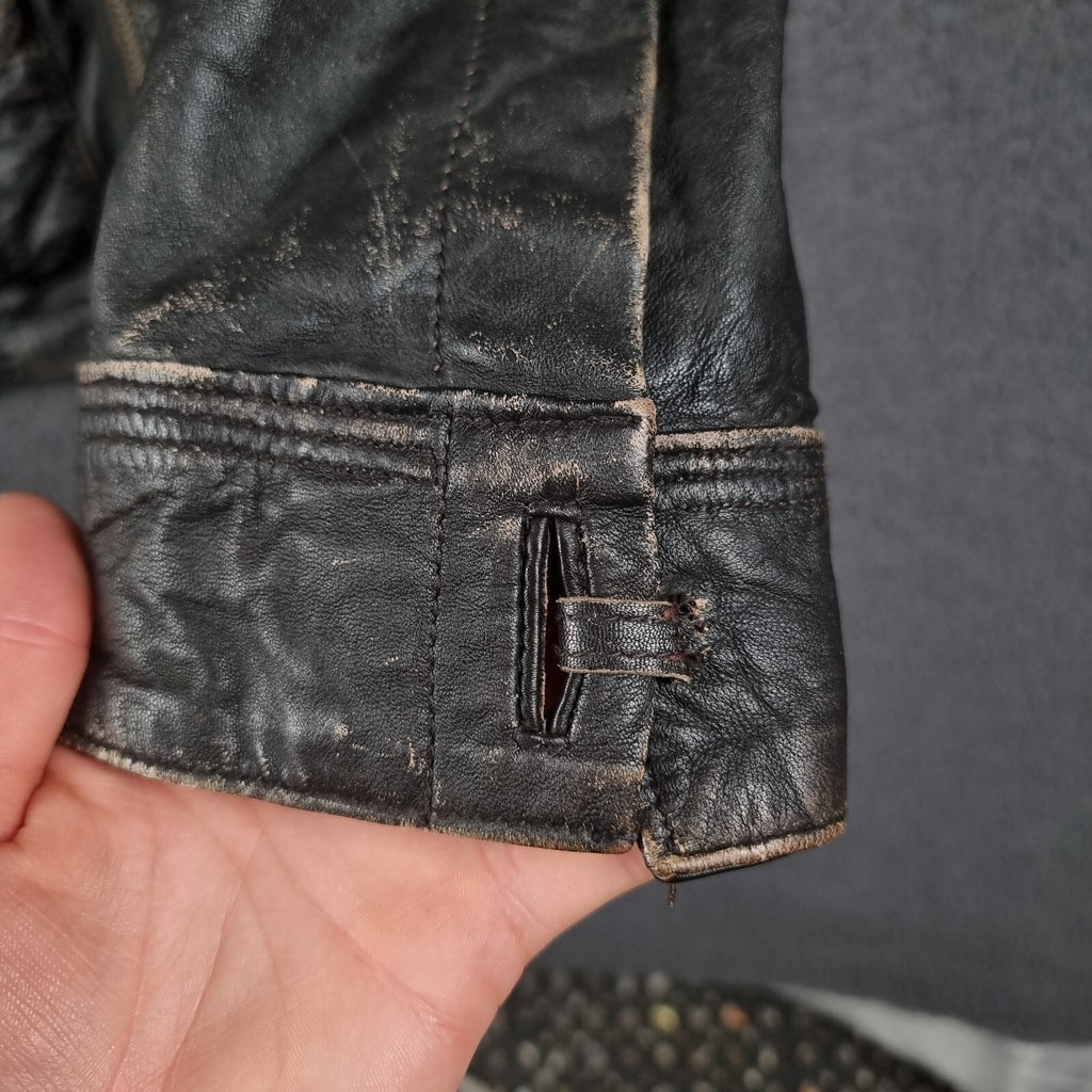 SUPERDRY Leather Jacket Mens L Large Brown Brad Distressed Biker Motorcycle