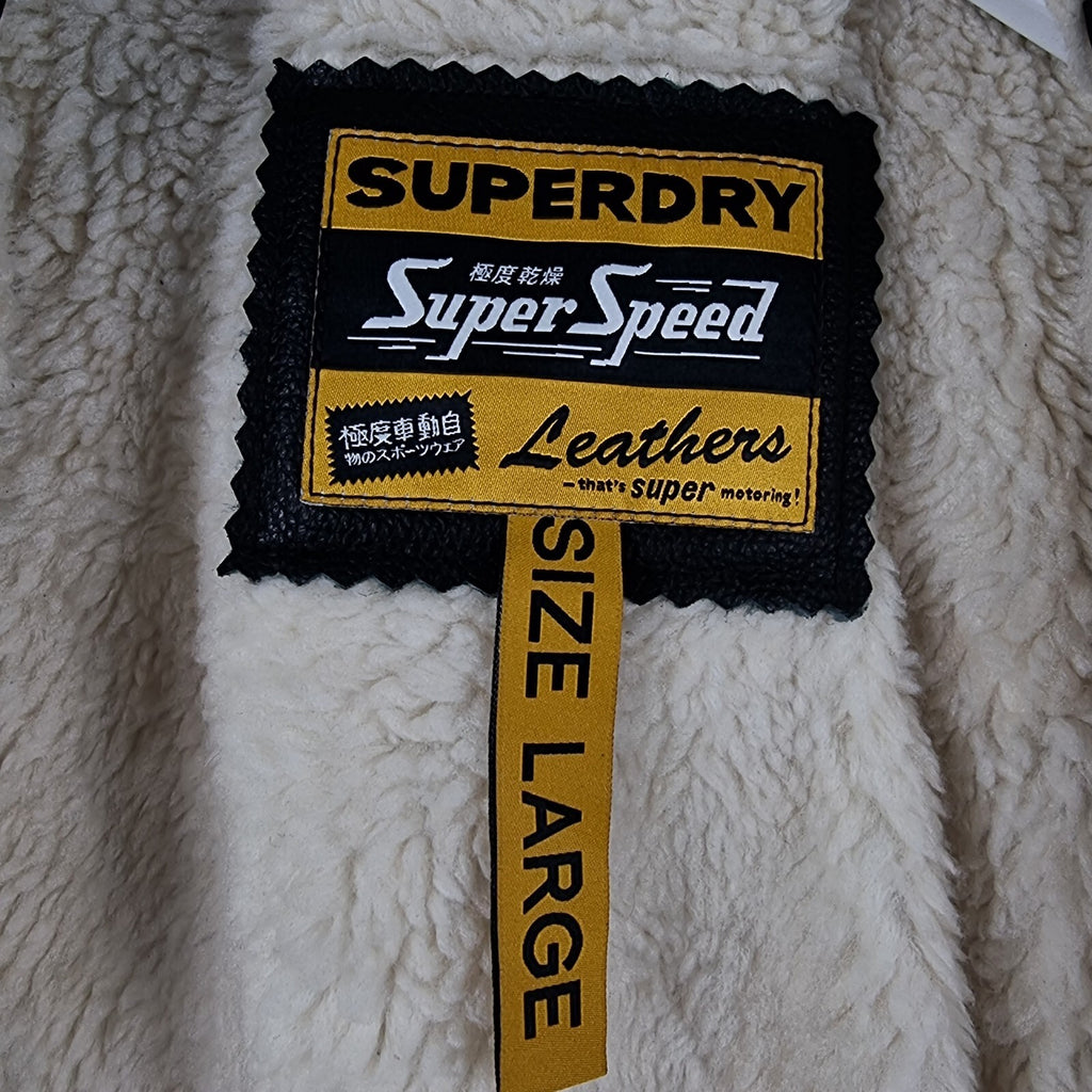 SUPERDRY Leather Jacket Mens L Large Black Biker Bomber Sherpa Lined Super Speed