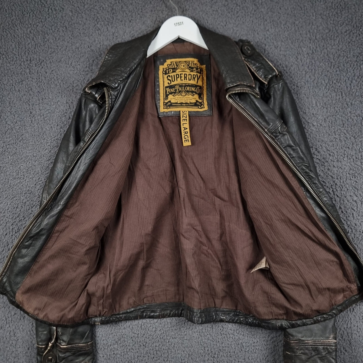 SUPERDRY Leather Jacket Mens L Large Brown Brad Distressed Biker Motorcycle