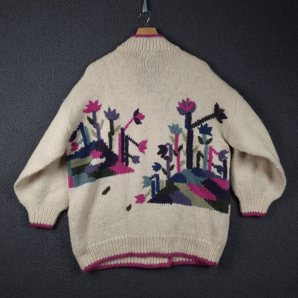 Vintage DOBRILA Cardigan Womens M Medium Pure Wool Hand Knit Yugoslavia Floral