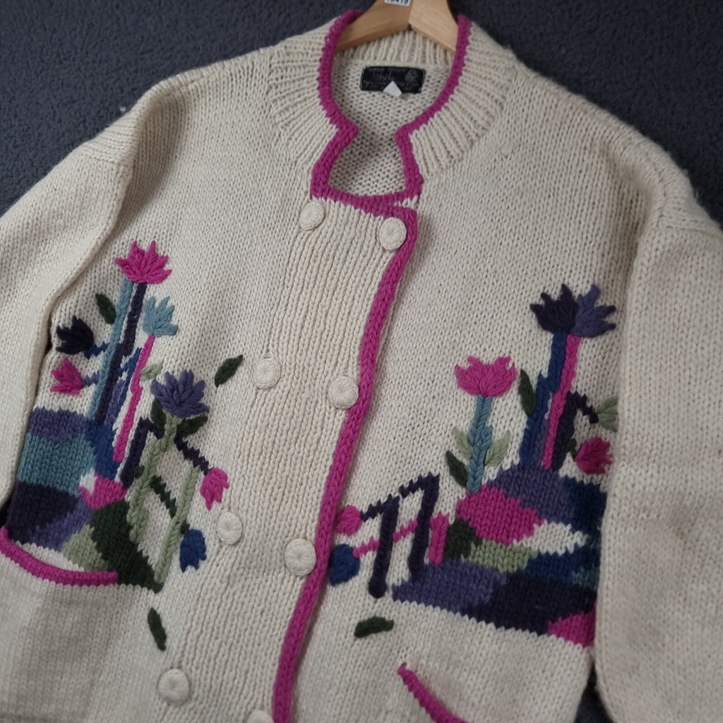 Vintage DOBRILA Cardigan Womens M Medium Pure Wool Hand Knit Yugoslavia Floral