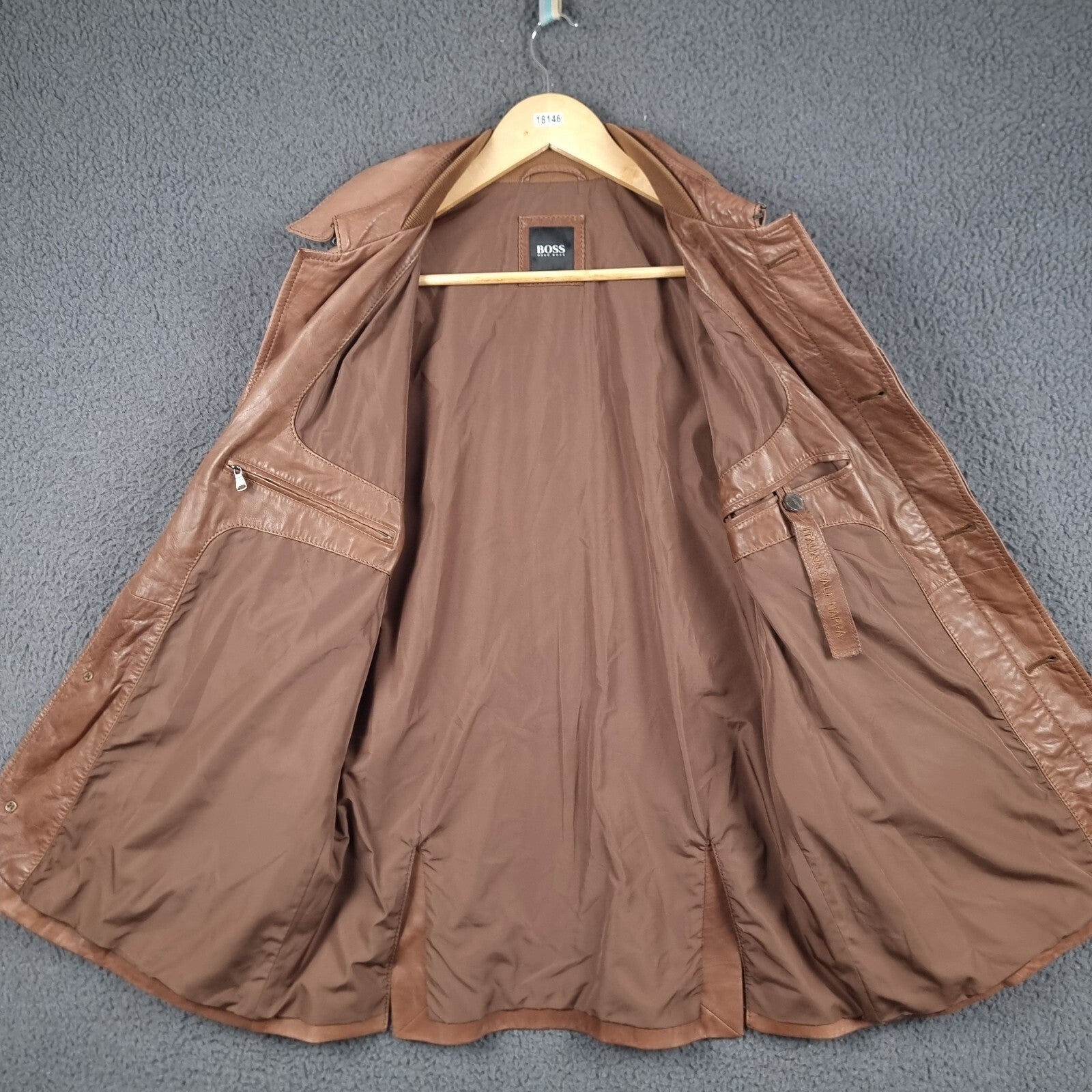 HUGO BOSS Leather Jacket Mens 40R L Large Brown Nappa Calfskin Soft Coat