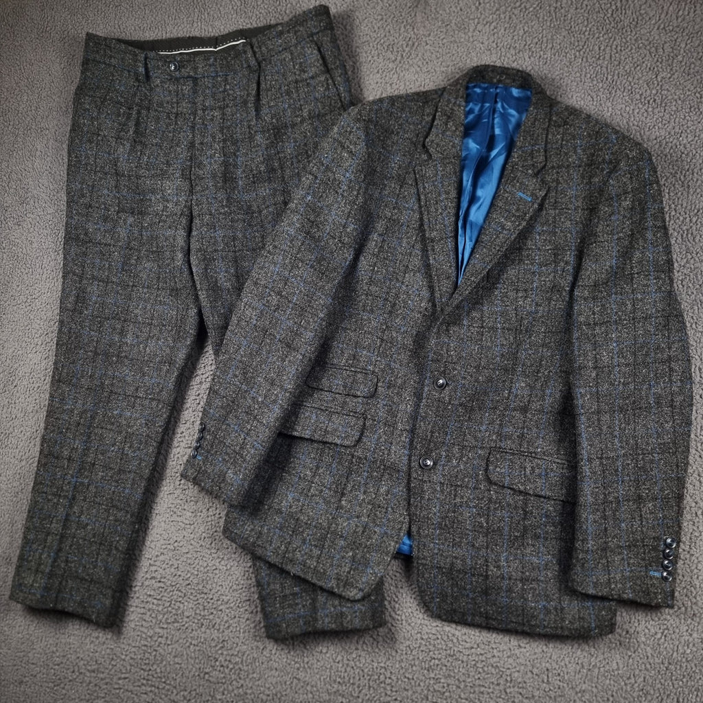 Vintage HARRIS TWEED Suit Mens 44R W38 L30 Grey Check Hacking Blazer Trousers