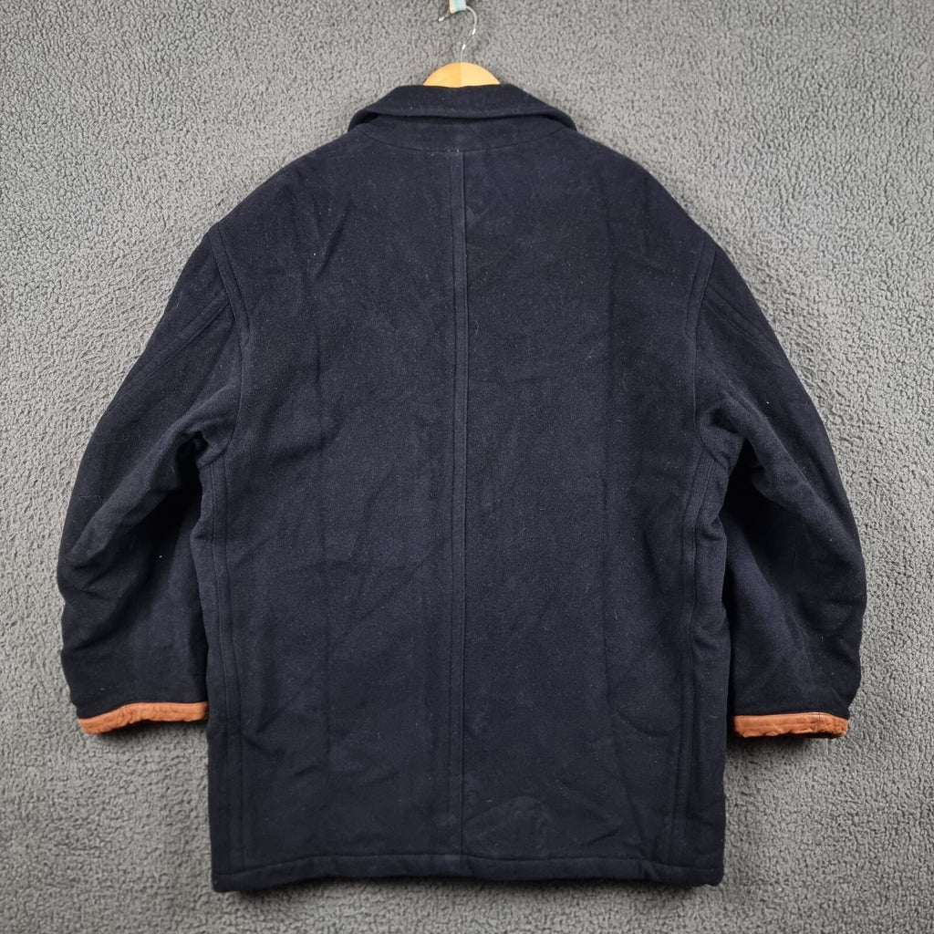 Vintage HUGO BOSS Pea Coat Mens L Large Navy Blue 100% Wool Double Breasted 80s