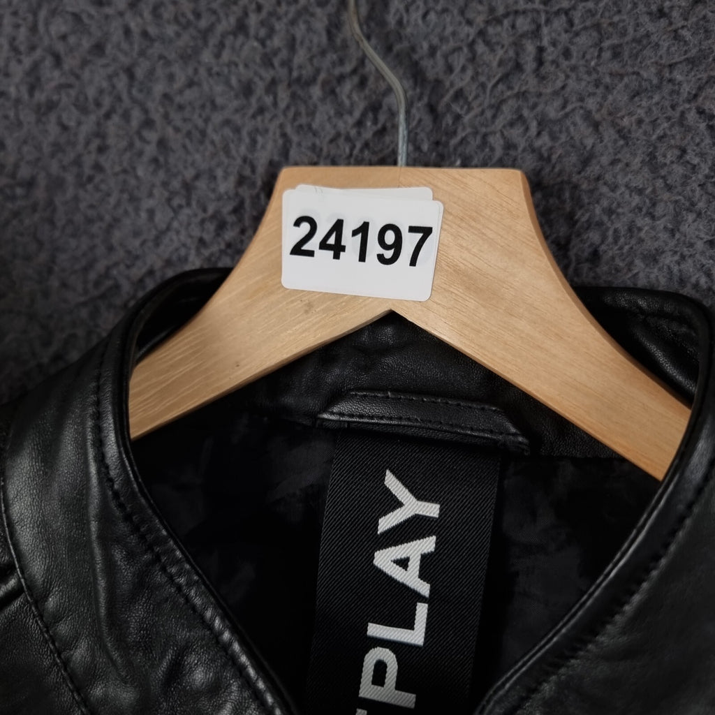 REPLAY Leather Jacket Mens XL Black Biker Racer Soft Sheep Lambskin Full Zip