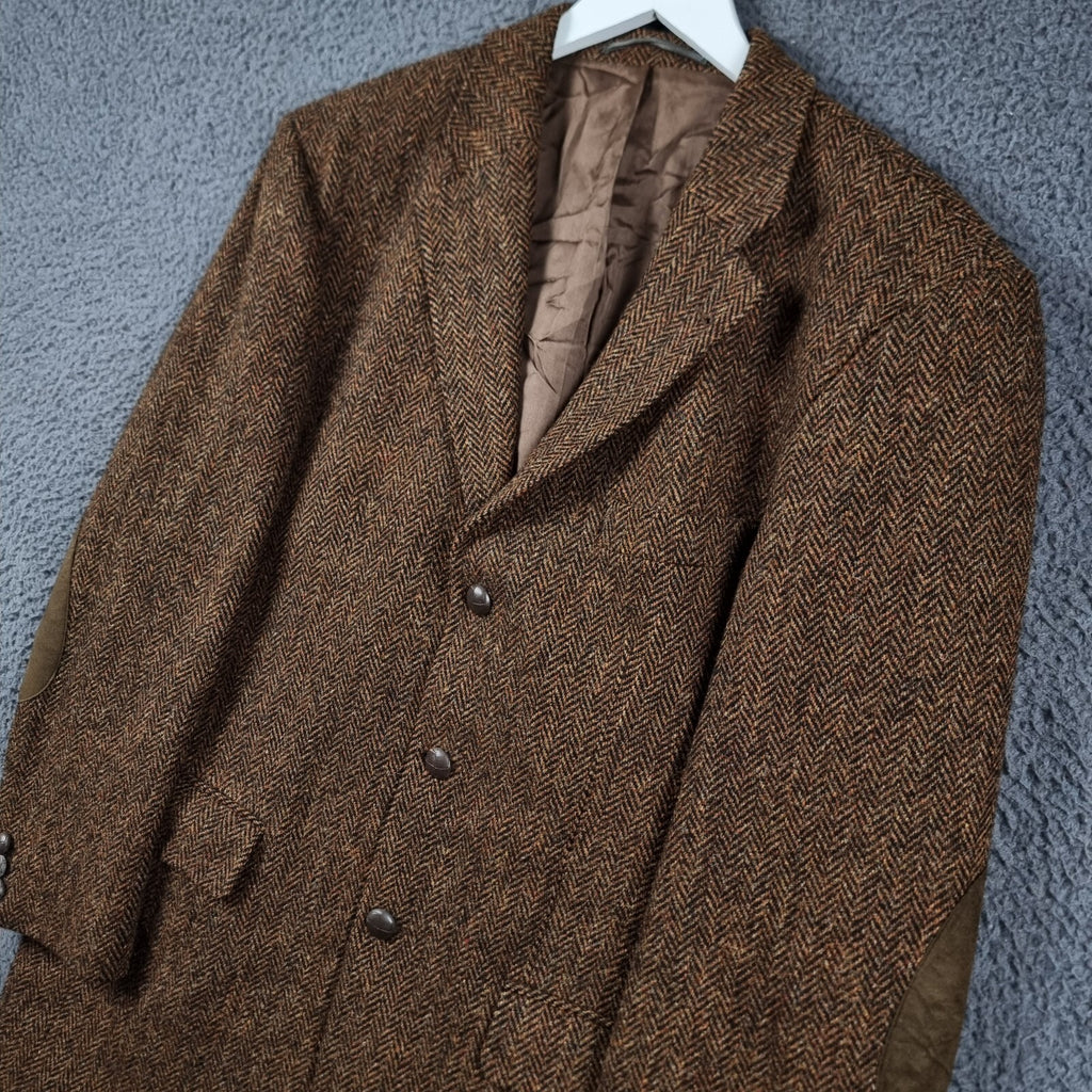Harris Tweed Blazer Jacket Mens 40 Brown Herringbone Leather Elbow Patch Sport Coat Atwardson