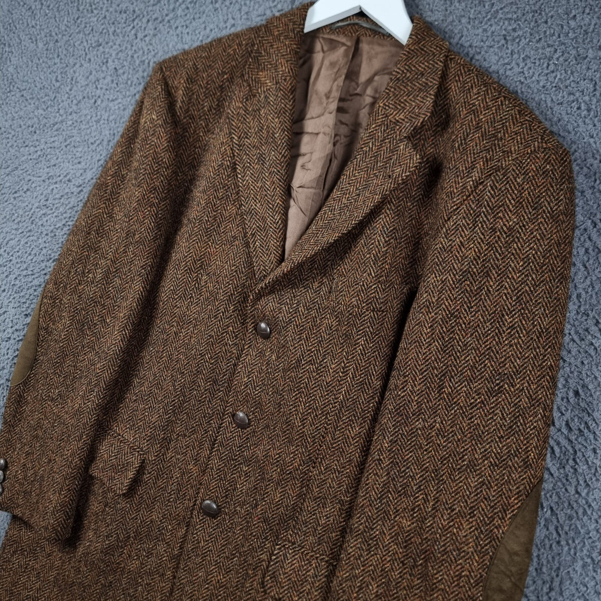 Harris Tweed Blazer Jacket Mens 40 Brown Herringbone Leather Elbow Patch Sport Coat Atwardson