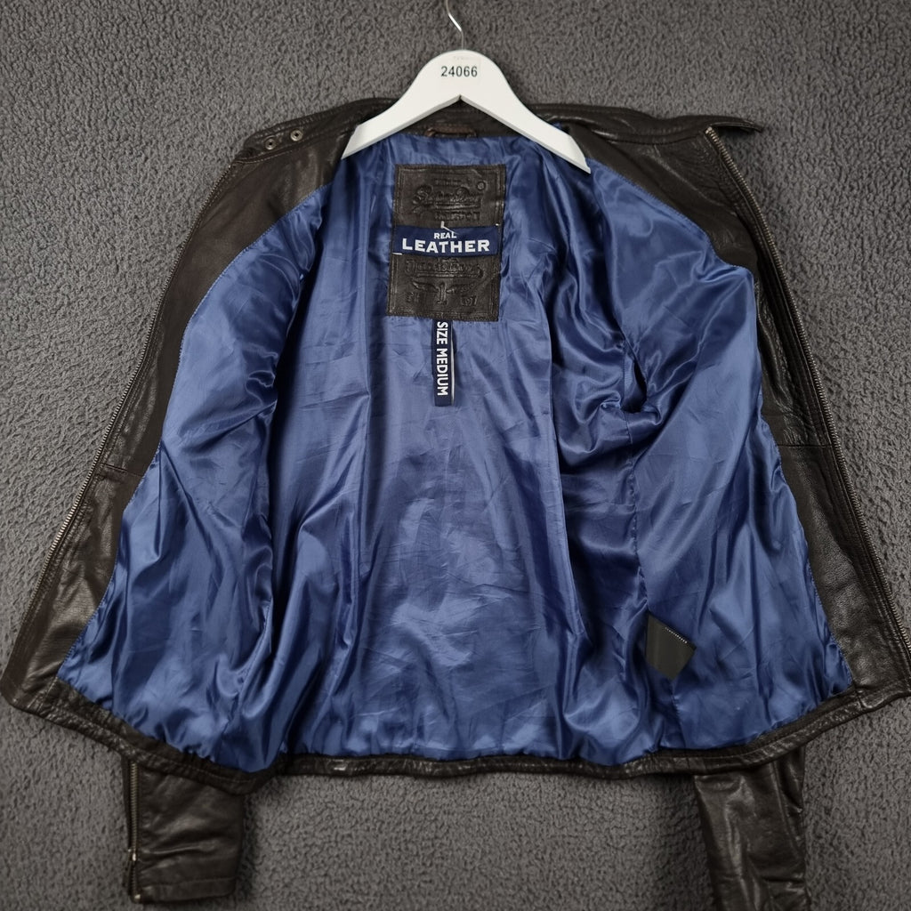 SUPERDRY Leather Jacket Mens M Medium Brown Racer Biker Bomber Zip Real Hero