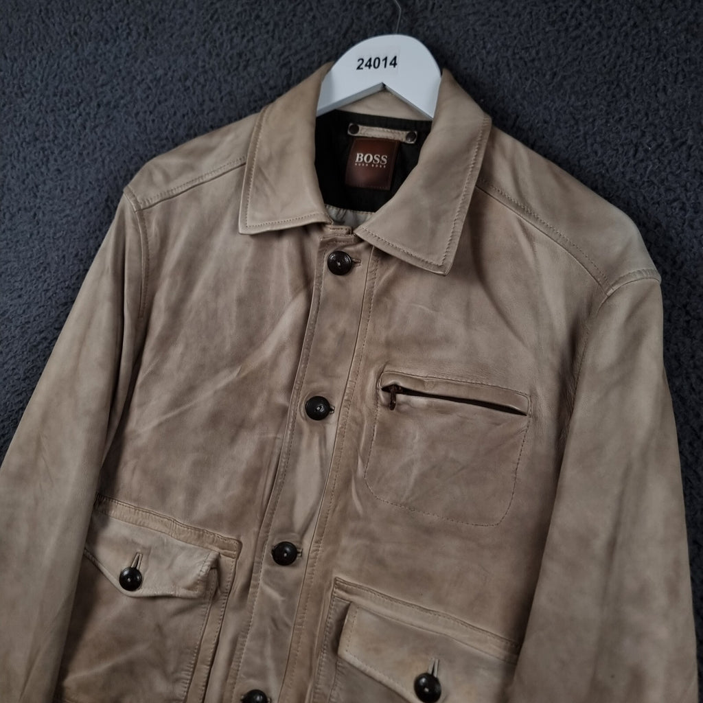 Vintage HUGO BOSS Leather Jacket Mens L Large 42 Brown Lambskin Bomber Flight A2