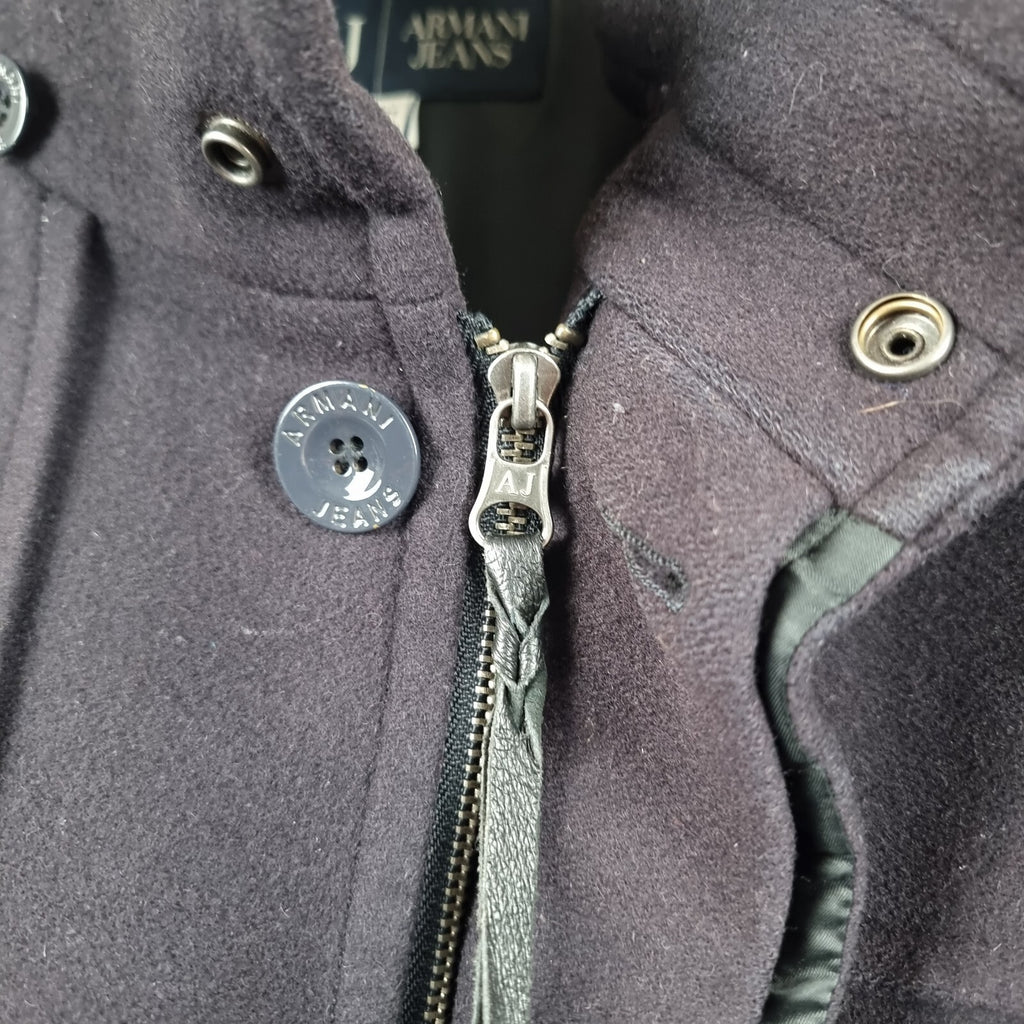 ARMANI JEANS Coat Mens L Large Navy Blue Wool Overcoat Peacoat 30th Anniversary