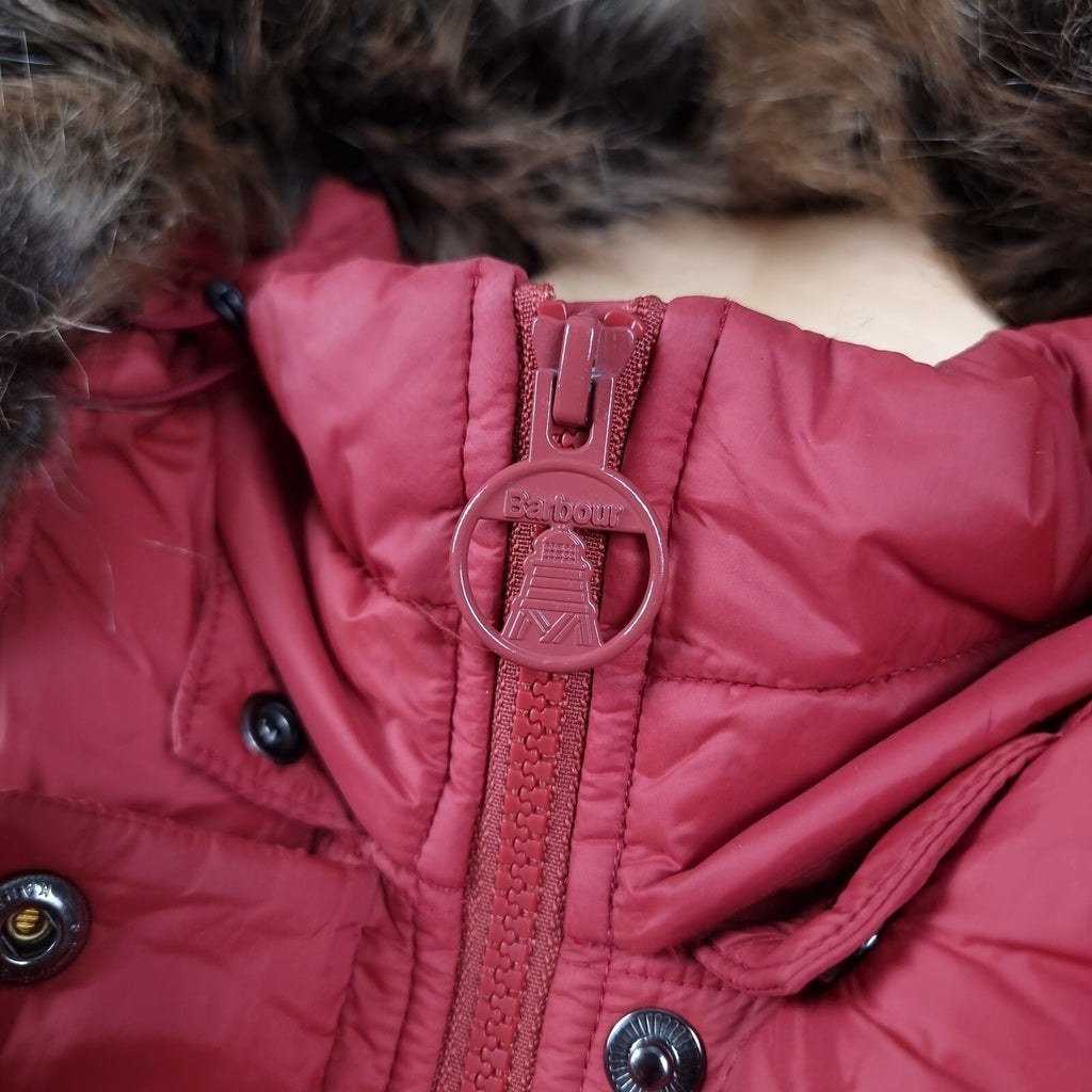 BARBOUR Jacket Womens UK 18 Red Housesteads Quilt Fibre Down Parka Puffer Fur