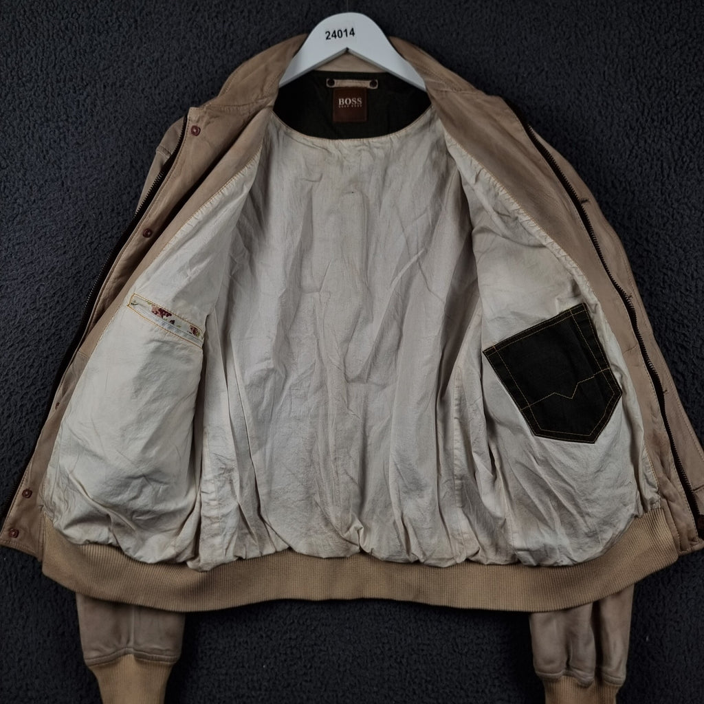 Vintage HUGO BOSS Leather Jacket Mens L Large 42 Brown Lambskin Bomber Flight A2