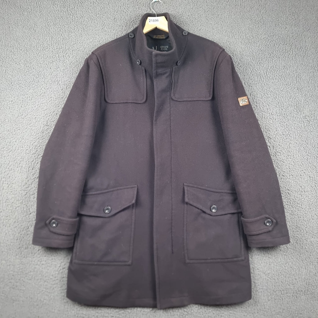 ARMANI JEANS Coat Mens L Large Navy Blue Wool Overcoat Peacoat 30th Anniversary